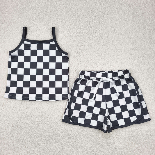 GSSO2334 Baby Girls Black Strap Plaid Top Short Sport Set D 4.11
