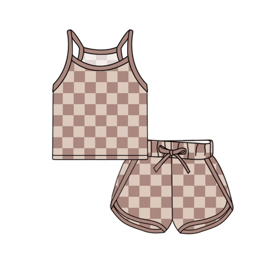 presale GSSO2335 Baby Girls Brown Strap Plaid Top Short Sport Set  D 3.3