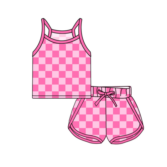presale GSSO2336 Baby Girls Pink Strap Plaid Top Short Sport Set  D 3.3
