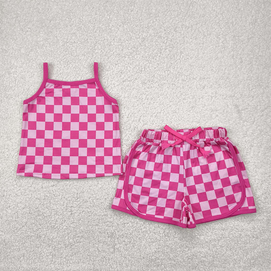 GSSO2336 Baby Girls Pink Strap Plaid Top Short Sport Set  D 4.9