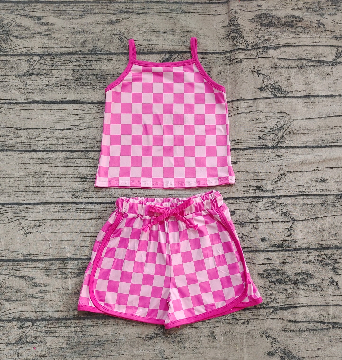 GSSO2336 Baby Girls Pink Strap Plaid Top Short Sport Set  D 4.9