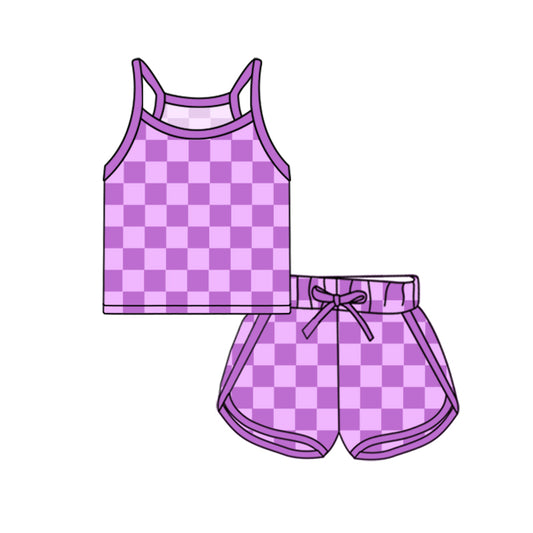 presale GSSO2337 Baby Girls Purple Strap Plaid Top Short Sport Set D 3.3