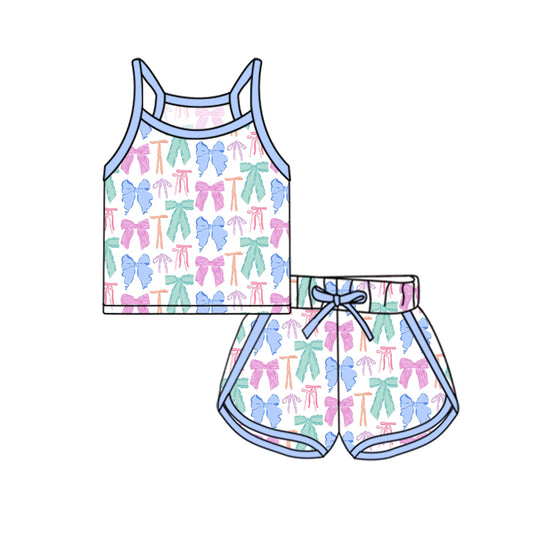 presale GSSO2338  Baby Girls Blue Strap Colorful Bows Plaid Top Short Sport Set D 3.3