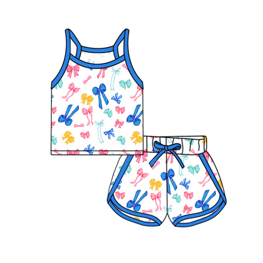 presale GSSO2339 Baby Girls Hot Blue Strap Colorful Bows Plaid Top Short Sport Set D 3.3