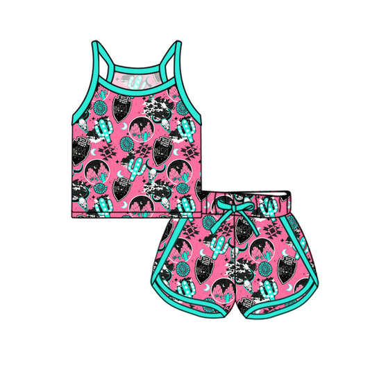 presale GSSO2340  Baby Girls Strap Pink Cactus Cow Print Camo Top Short Sport Set  D 3.3