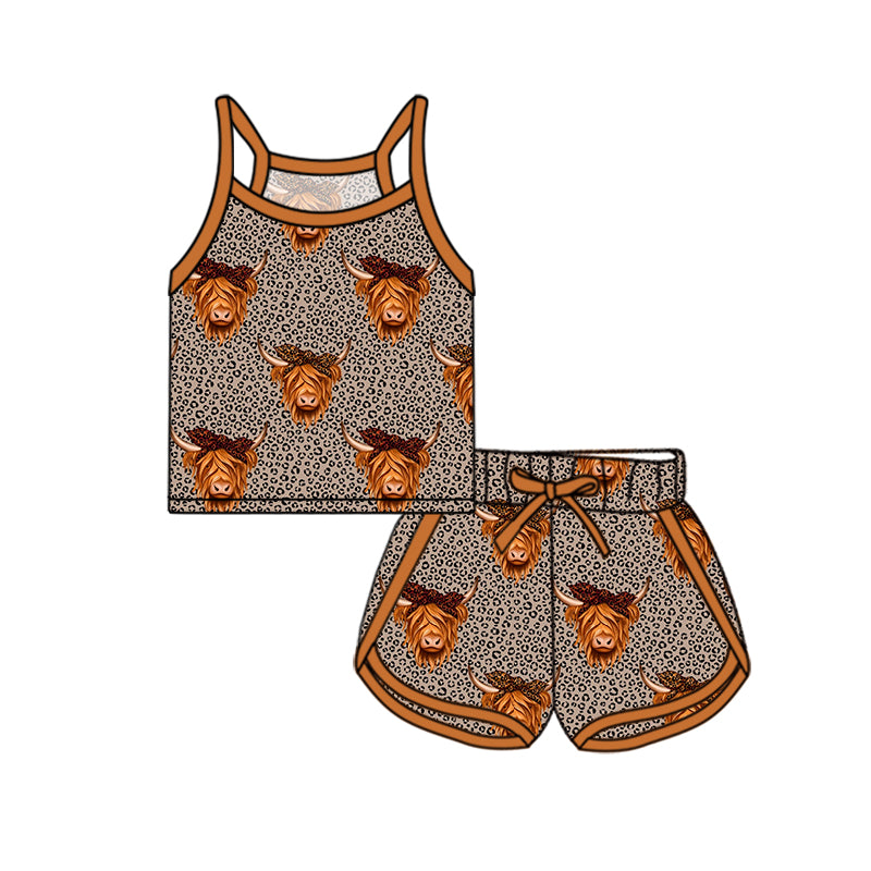 GSSO2341  Baby Girls Brown Strap Leopard Highland Cows Top Short Sport Set D 4.8