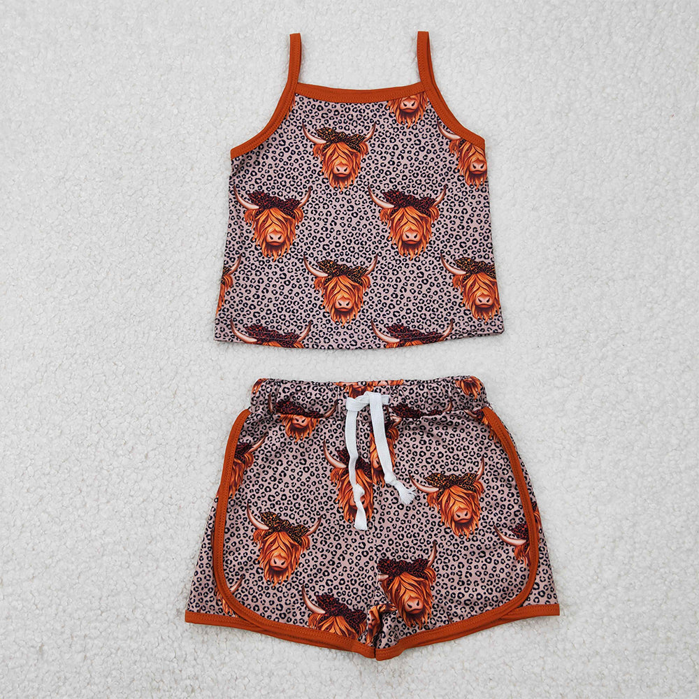 GSSO2341  Baby Girls Brown Strap Leopard Highland Cows Top Short Sport Set D 4.8