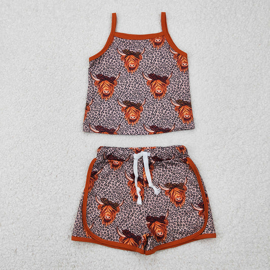 GSSO2341 Baby Girls Brown Strap Leopard Highland Cows Top Short Sport Set D 4.8