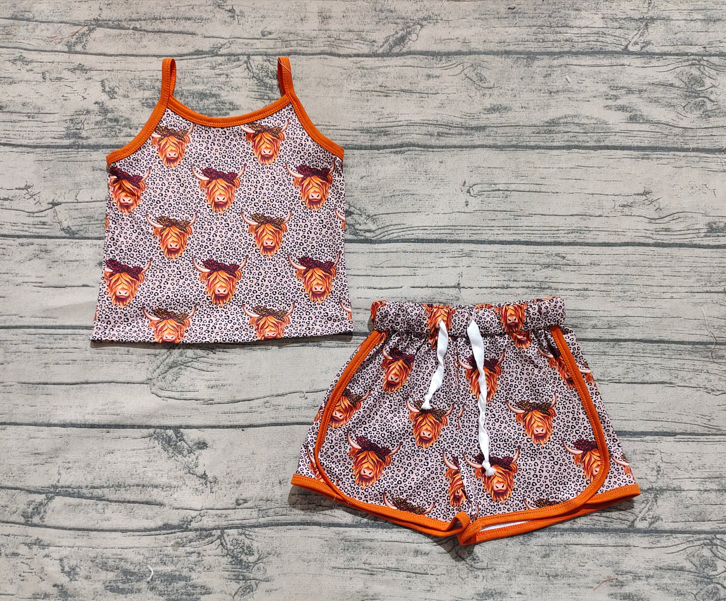 GSSO2341  Baby Girls Brown Strap Leopard Highland Cows Top Short Sport Set D 4.8