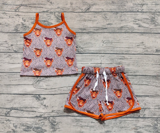 presale GSSO2341  Baby Girls Brown Strap Leopard Highland Cows Top Short Sport Set D 3.29