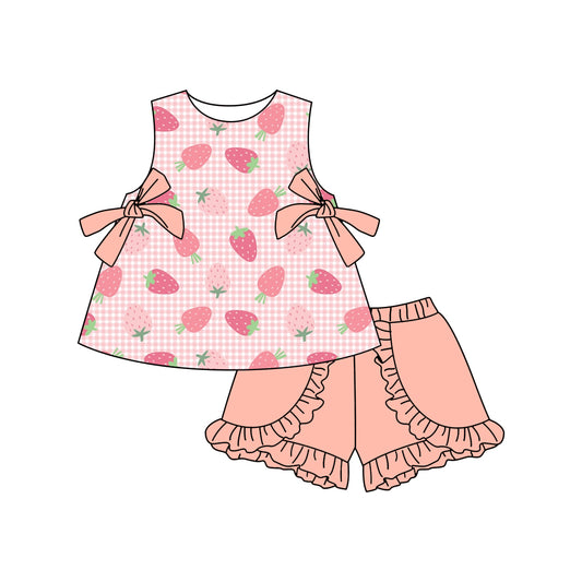 presale GSSO2343  Baby Girls Pink Plaid Sleeveless Strawberry Tunic Ruffle Short Set D 3.3