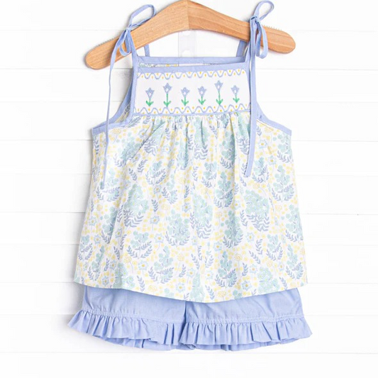 presale GSSO2344  Baby Girls Lavender Strap Floral Tunic Ruffle Short Set D 3.3
