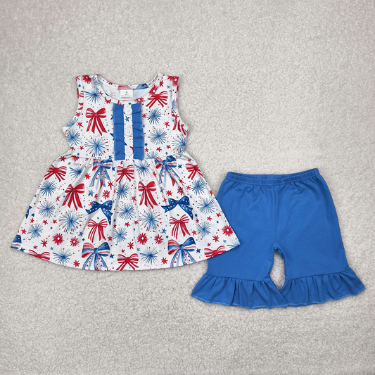 GSSO2346  Fireworks Stars Bows Tunic Top Blue Shorts Girls 4th of July Clothes Set D 4.11