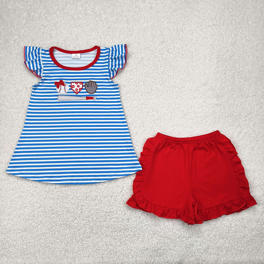 GSSO2348 Embroidery Baby Girls Blue Stripe Flutter Sleeves Baseballs Tunic Red Ruffle Short Set D 4.10