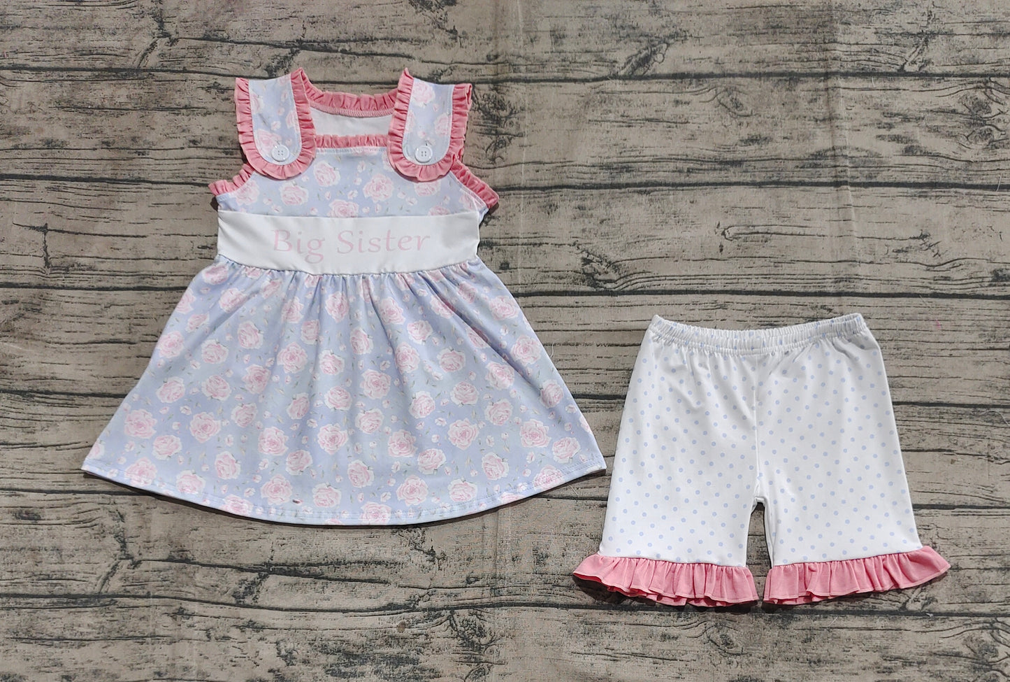 GSSO2350  Baby Girls Sleeveless Pink Floral Big Sister Tunic Polka Dots Short Set D 5.24