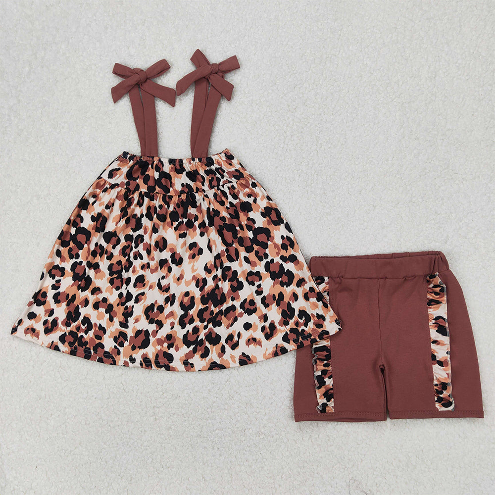 GSSO2352  brown suspender leopard shorts set