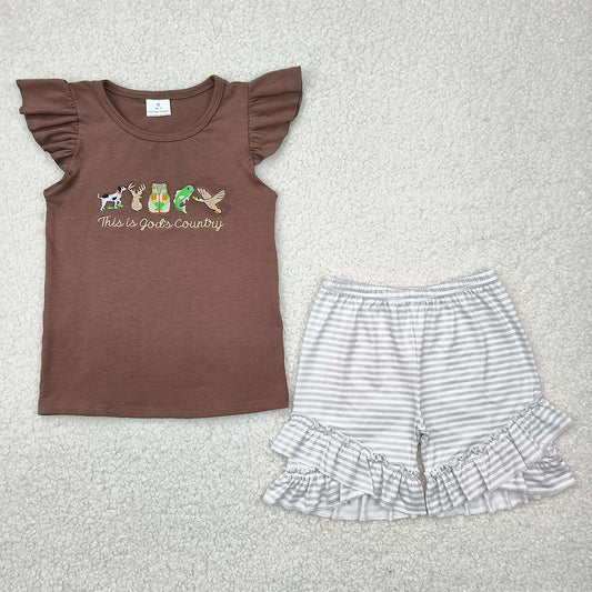 GSSO2353 Embroidery Baby Girls Brown Gods Country Top Ruffle Stripe Shorts Sets  D 4.16