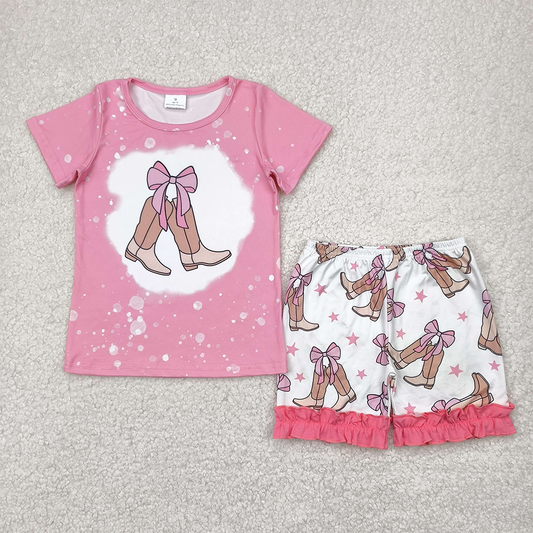 GSSO2354 Baby Girls Western Pink Bow Boots Top Ruffle Shorts Sets D 4.19