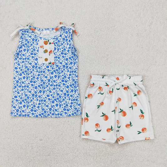 GSSO2355 Baby Girls Blue Sleeveless Floral Button Top Peach Shorts Set D 3.26
