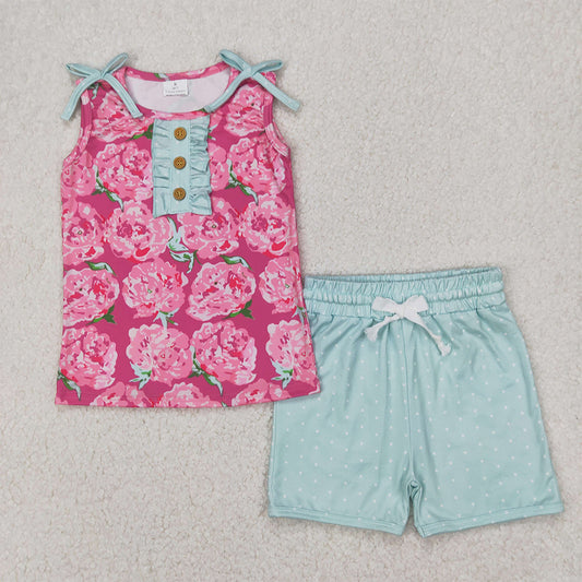 GSSO2356 Baby Girls Pink Sleeveless Floral Button Top Aqua Shorts Set D 3.27