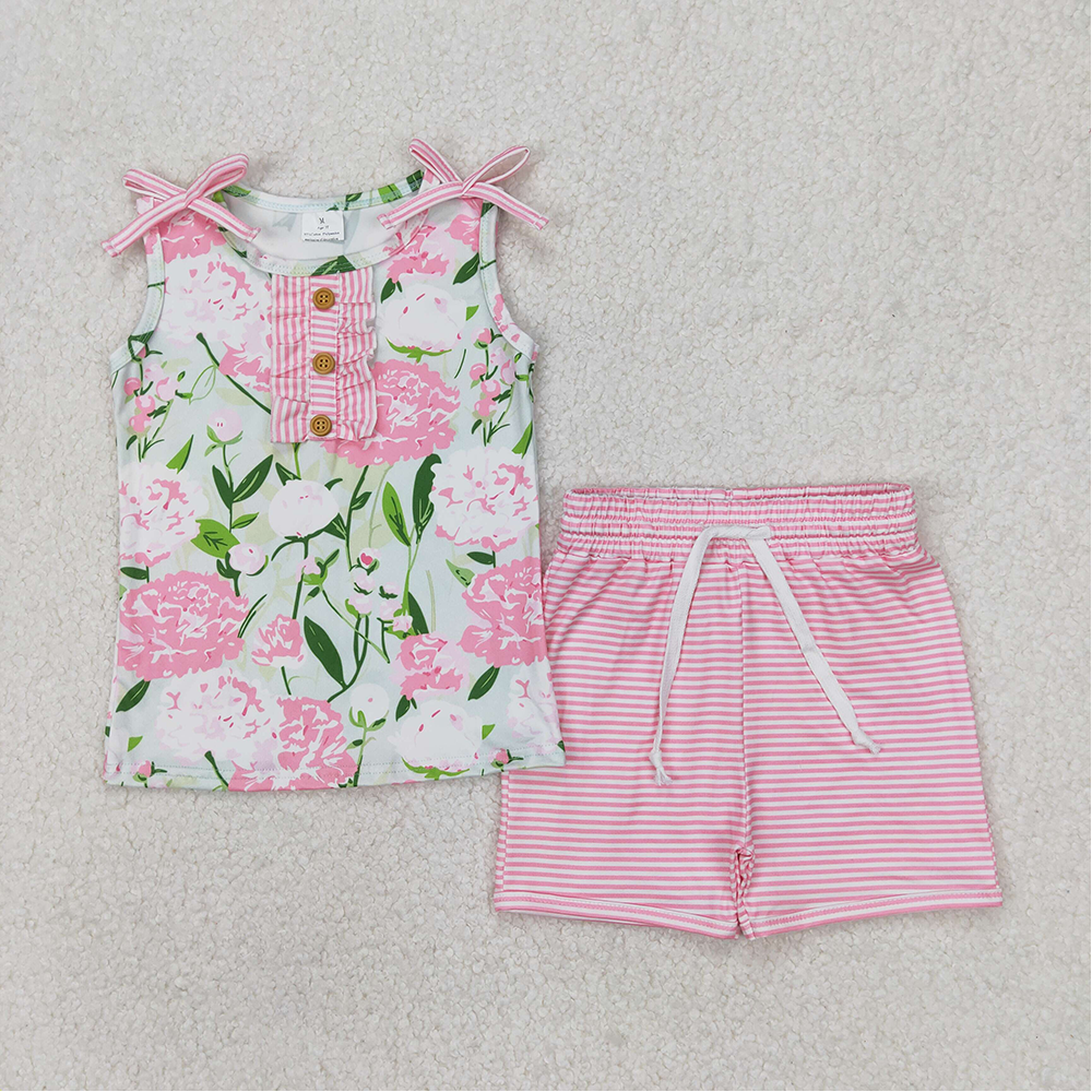 GSSO2357 Baby Girls Pink Sleeveless Floral Button Top Stripe Shorts Set   D 3.21