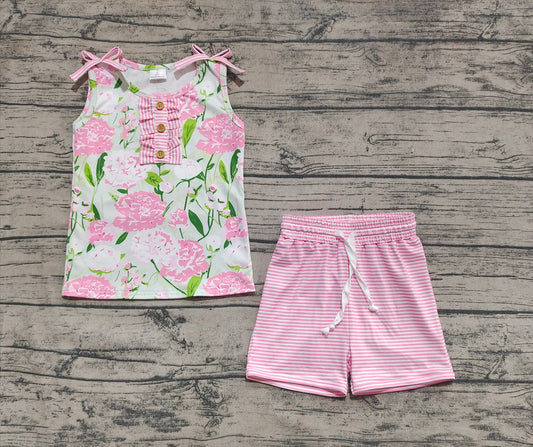 preorder GSSO2357 Baby Girls Pink Sleeveless Floral Button Top Stripe Shorts Set D 3.11