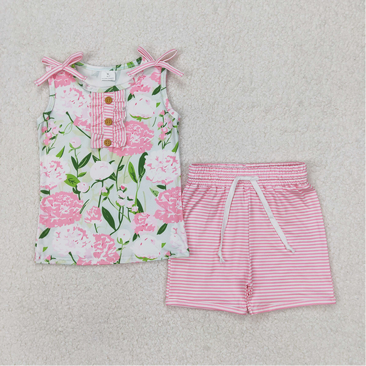 GSSO2357 Baby Girls Pink Sleeveless Floral Button Top Stripe Shorts Set D 3.21