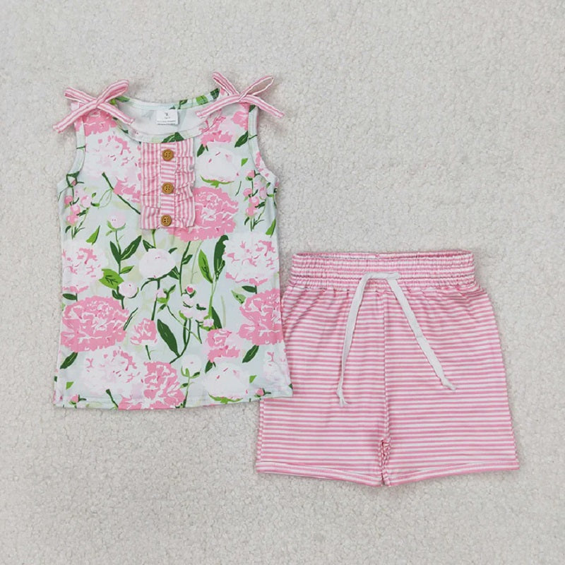 Sibling 4 colors Baby Girls Sleeveless Floral Button Top Shorts Set  D 814 07