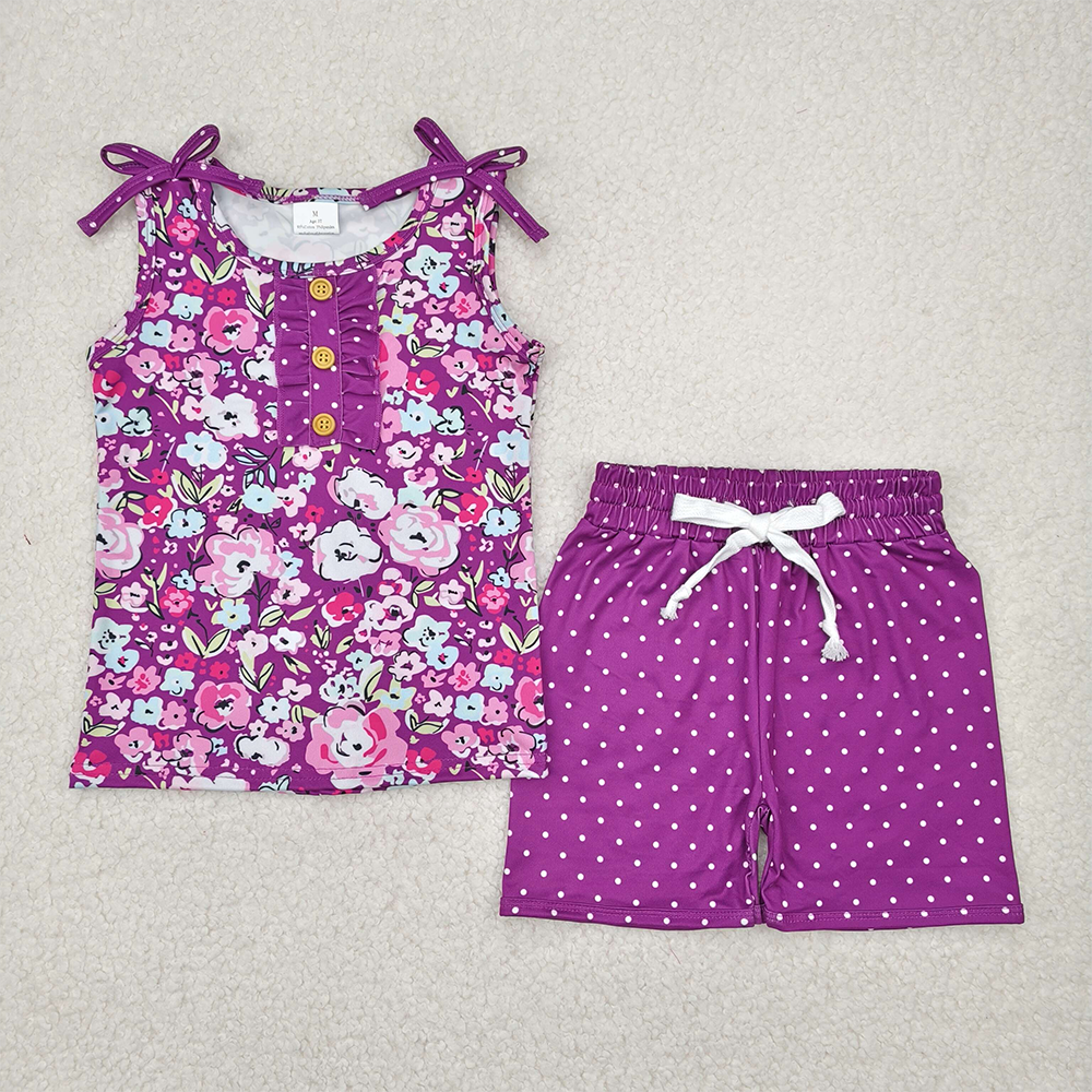 GSSO2358  Baby Girls Purple Sleeveless Floral Button Top Polka Dots Shorts Set  D 4.8