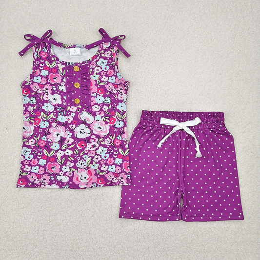 GSSO2358 Baby Girls Purple Sleeveless Floral Button Top Polka Dots Shorts Set D 4.8