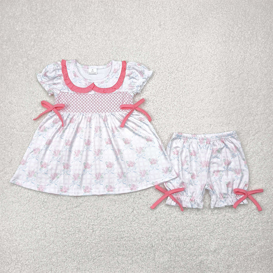 GSSO2368 Baby Girls Pink Short Ruffle Sleeves Floral Bows Tunic Ruffle Short Clothes Set D 5.6