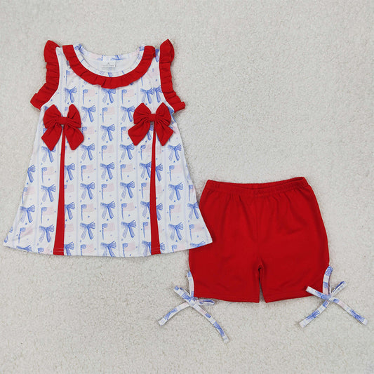 GSSO2373 Baby Girls Sleeveless Red Blue Bows Flags Tunic Ruffle Shorts 4th Of July Set D 3.31