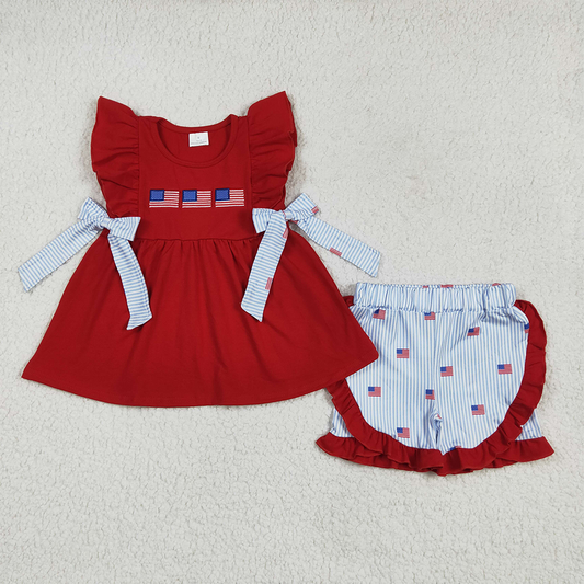 GSSO2375  Embroidery Baby Girls Red Flags Bows Tunic Stripe Ruffle Short 4th Of July outfit