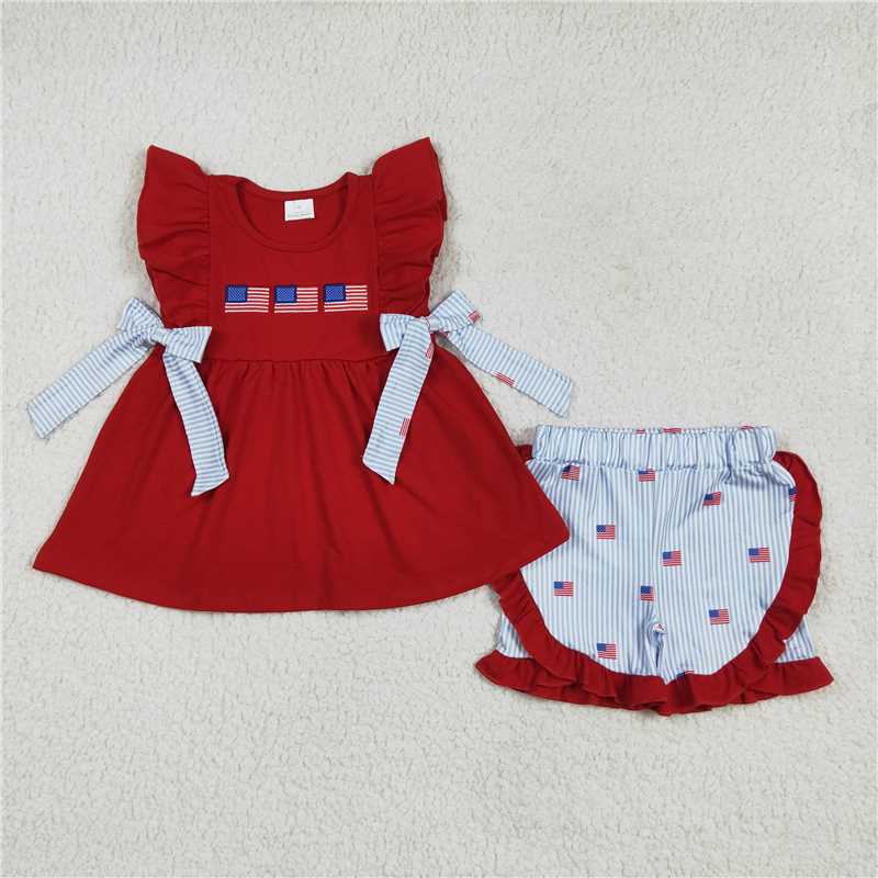 Match Baby Girls Red Flags 4th of July Bows Rompers Outfits Sets D 4.19