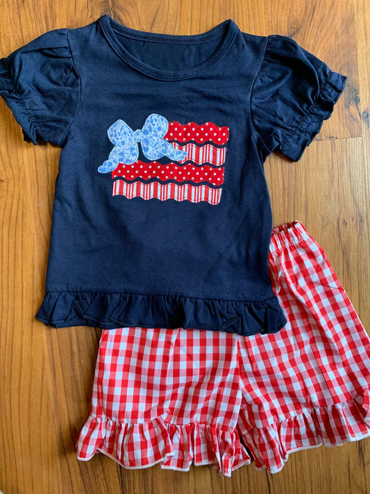 preorder GSSO2379 Baby Girls Navy Polka Dots Bow Top Red Plaid Ruffle Short Set D 3.12