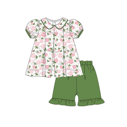 preorder GSSO2381 Baby Girls Pink Floral Tunic Green Ruffle Short Set D 3.12