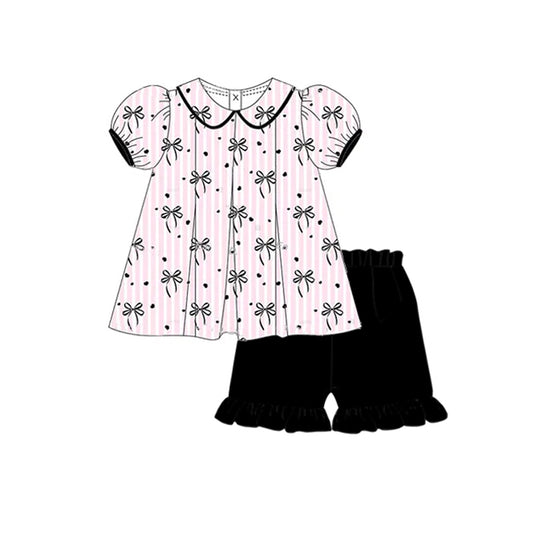 preorder GSSO2383 Baby Girls Pink Stripe Black Bows Tunic Ruffle Short Set D 3.12
