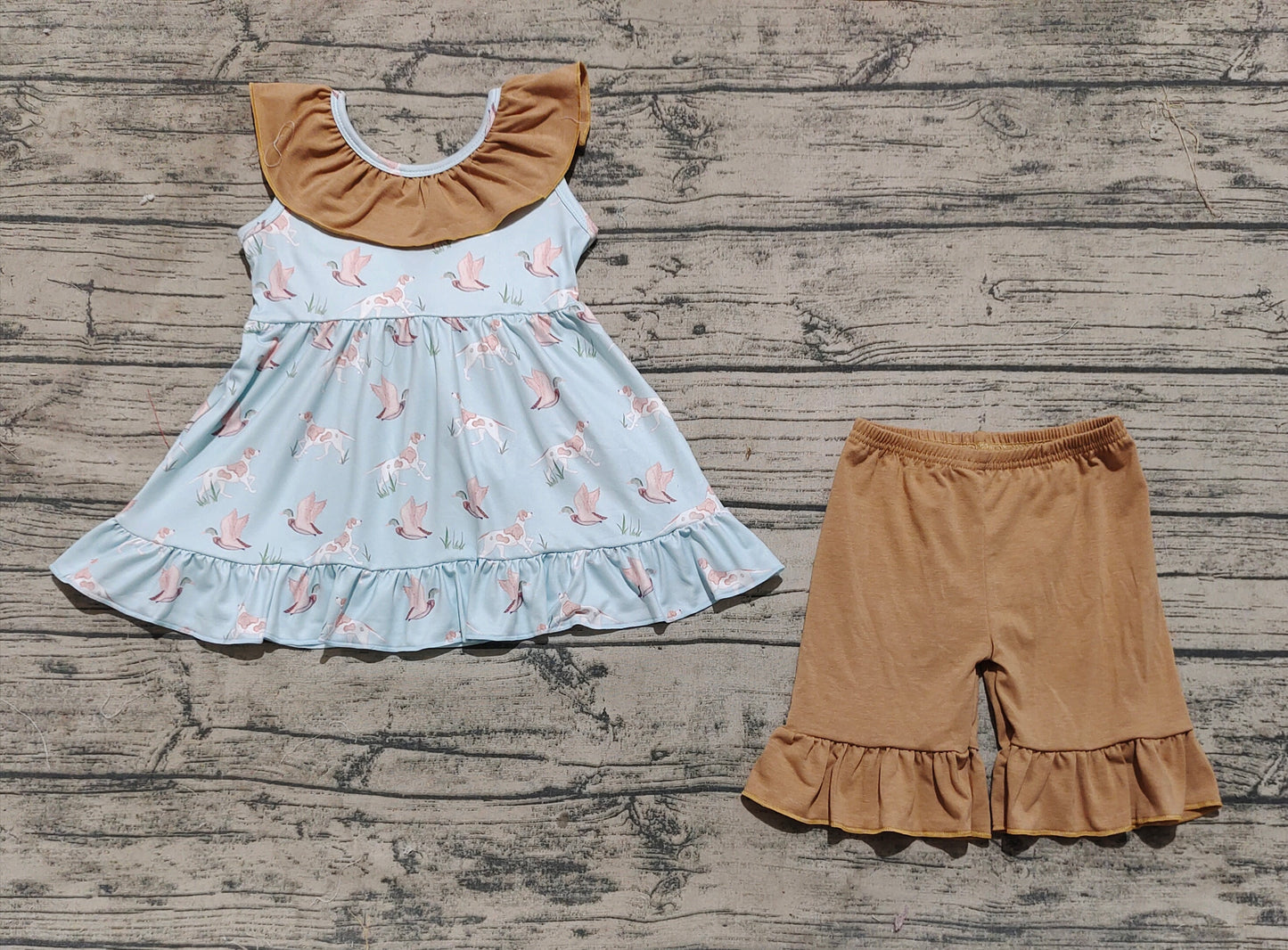 GSSO2385 Baby Girls Sleeveless Dogs Ducks Tunic Khaki Ruffle Short Set D 3.31