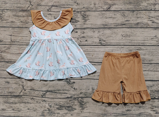 GSSO2385 Baby Girls Sleeveless Dogs Ducks Tunic Khaki Ruffle Shorts Set D 816