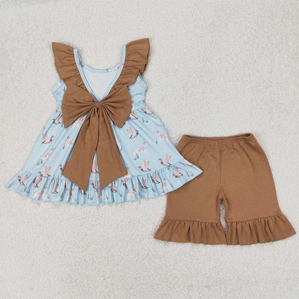 GSSO2385 Baby Girls Sleeveless Dogs Ducks Tunic Khaki Ruffle Short Set D 3.31