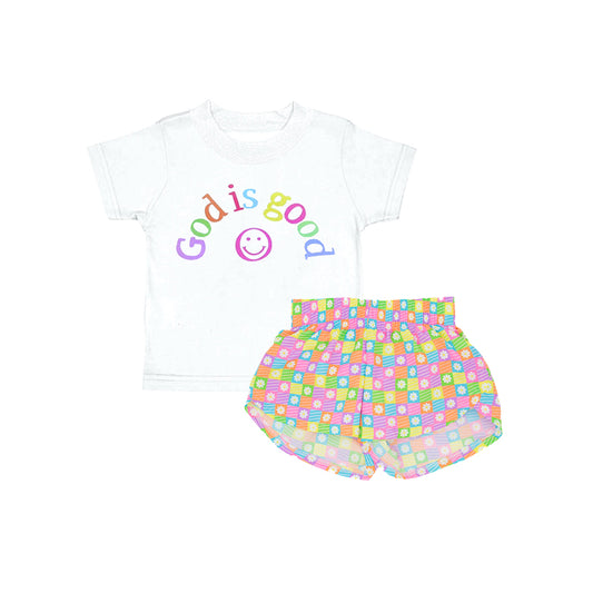 preorder GSSO2386 Baby Girls GOD IS GOOD Top Plaid Flowers Short Set D 3.12