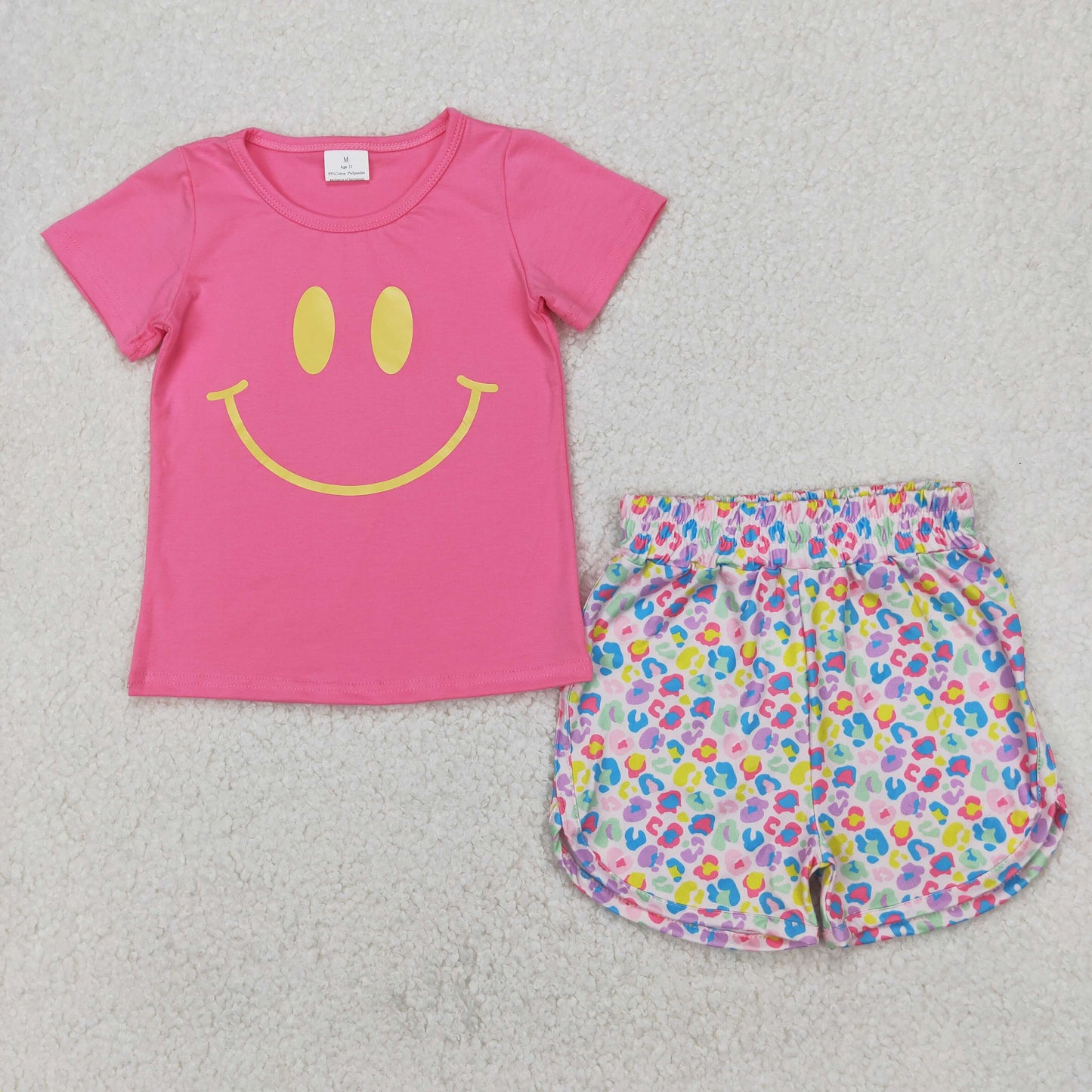 GSSO2387 Baby Girls Pink Smile Top Colorful Leopard Short Set