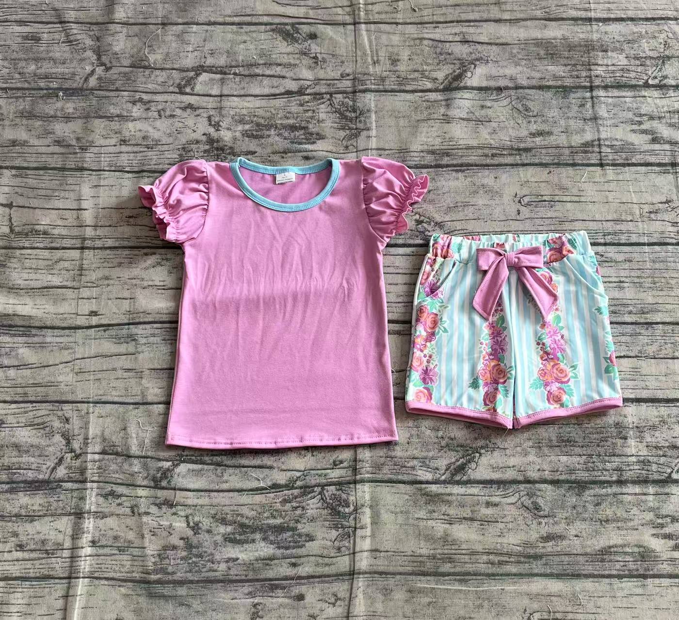 GSSO2389 Baby Girls Lavender Short Ruffle Sleeves Tunic Floral Pockets Shorts Set  D 4.1