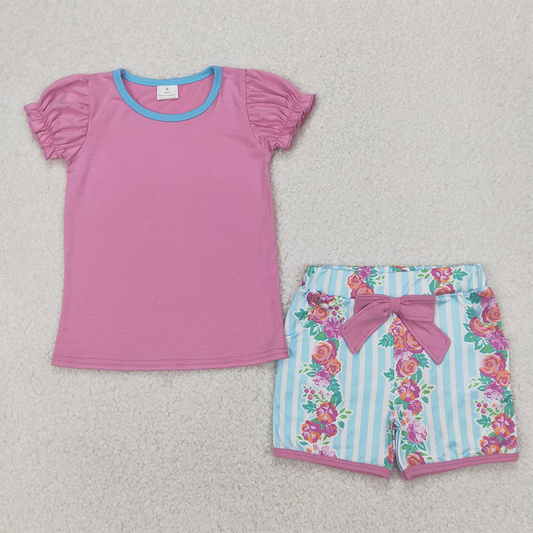 GSSO2389 Baby Girls Lavender Short Ruffle Sleeves Tunic Floral Pockets Shorts Set  D 4.1