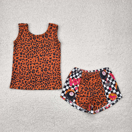 GSSO2391  Baby Girls Sleeveless Leopard Top Black Plaid Shorts Sets D 4.22