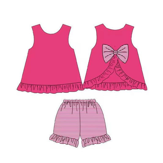 preorder GSSO2395 Baby Girls Hot Pink Sleeveless Bows Tunic Stripe Ruffle Short Set D 3.11