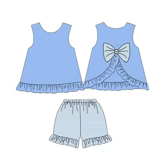 preorder GSSO2396 Baby Girls Blue Sleeveless Bows Tunic Stripe Ruffle Short Set D 3.11