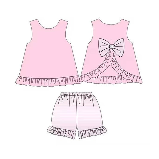 preorder GSSO2397 Baby Girls Pink Sleeveless Bows Tunic Stripe Ruffle Short Set D 3.11