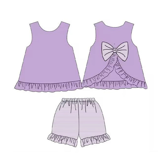 preorder GSSO2398 Baby Girls Lavender Sleeveless Bows Tunic Stripe Ruffle Short Set D 3.11