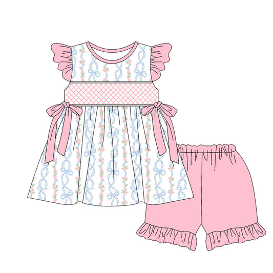 preorder GSSO2399 Baby Girls Pink Flutter Sleeves Floral Stripe Bows Tunic Ruffle Short Set D 3.11